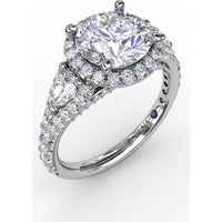 Three-Stone Engagement Ring Setting with Round Diamond Halo and Pear-Shape Side Stones - 1.09 Carat Total Side Diamond Weight by Fana
