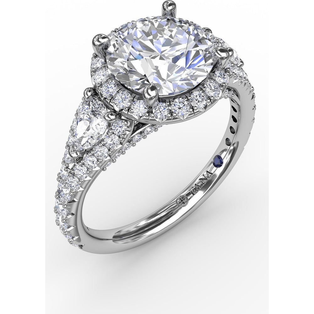 Three-Stone Engagement Ring Setting with Round Diamond Halo and Pear-Shape Side Stones - 1.09 Carat Total Side Diamond Weight by Fana