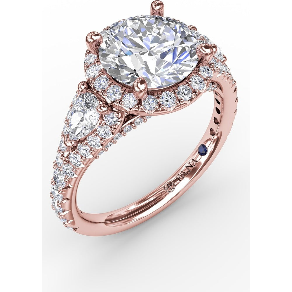 Three-Stone Engagement Ring Setting with Round Diamond Halo and Pear-Shape Side Stones - 1.09 Carat Total Side Diamond Weight by Fana