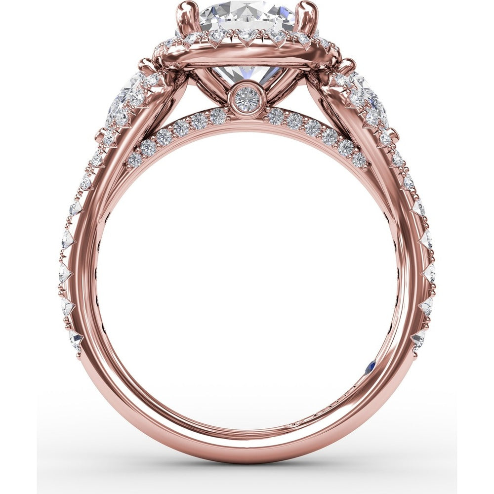 Three-Stone Engagement Ring Setting with Round Diamond Halo and Pear-Shape Side Stones - 1.09 Carat Total Side Diamond Weight by Fana