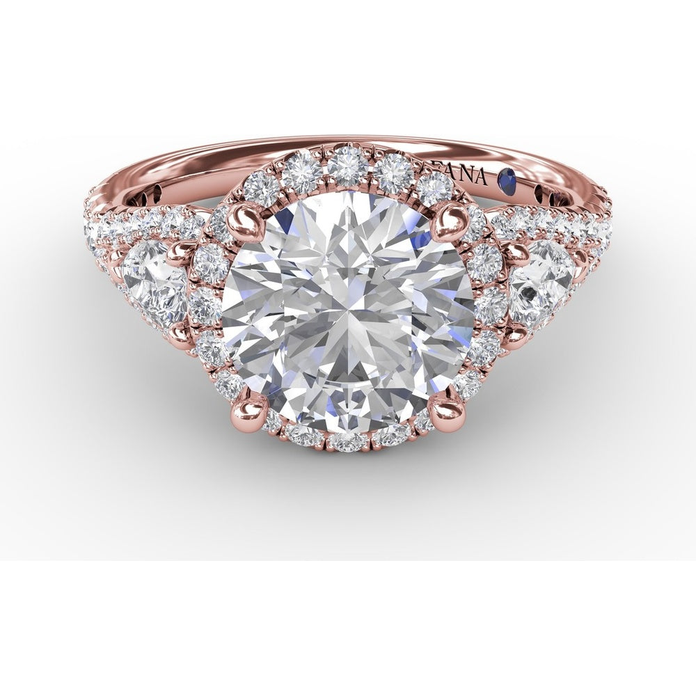 Three-Stone Engagement Ring Setting with Round Diamond Halo and Pear-Shape Side Stones - 1.09 Carat Total Side Diamond Weight by Fana