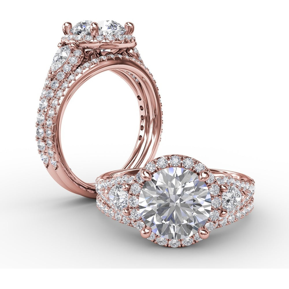 Three-Stone Engagement Ring Setting with Round Diamond Halo and Pear-Shape Side Stones - 1.09 Carat Total Side Diamond Weight by Fana