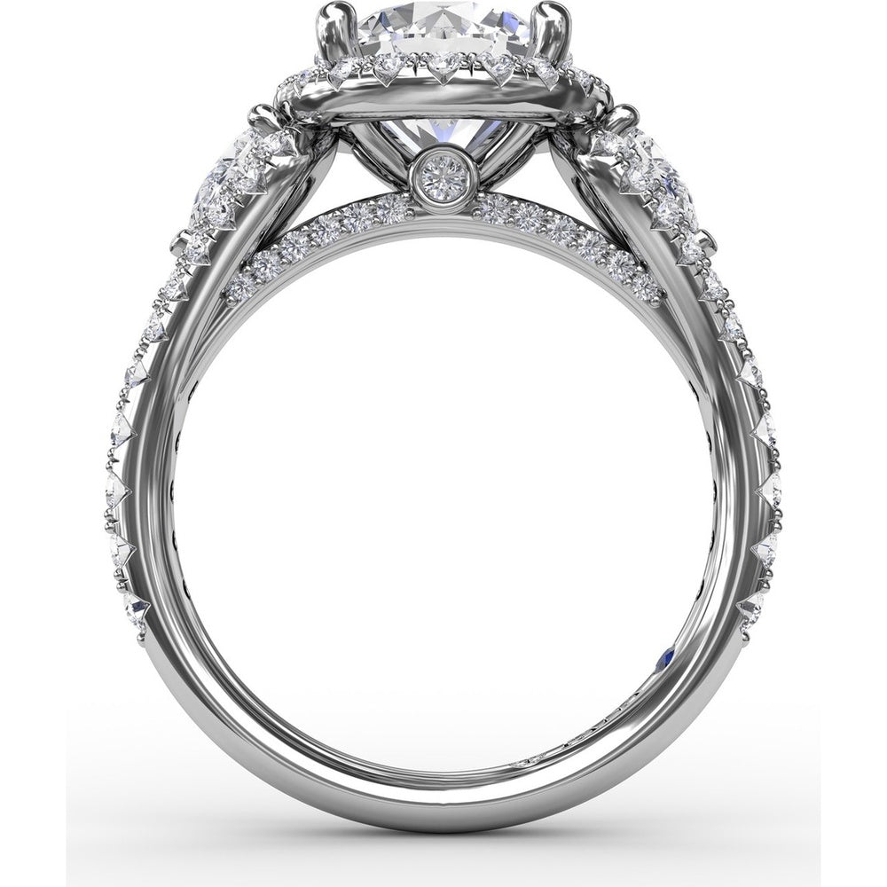 Three-Stone Engagement Ring Setting with Round Diamond Halo and Pear-Shape Side Stones - 1.09 Carat Total Side Diamond Weight by Fana