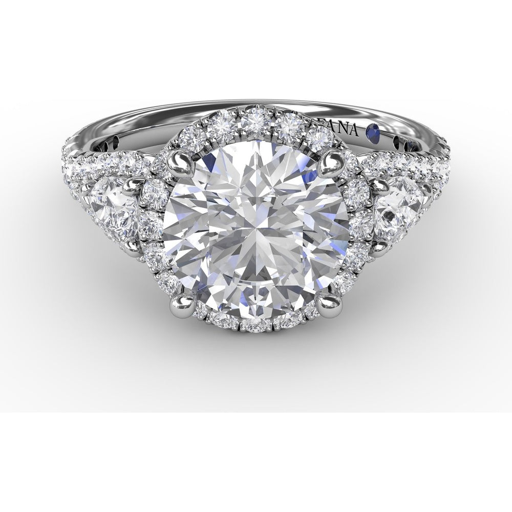 Three-Stone Engagement Ring Setting with Round Diamond Halo and Pear-Shape Side Stones - 1.09 Carat Total Side Diamond Weight by Fana