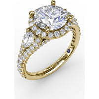 Three-Stone Engagement Ring Setting with Round Diamond Halo and Pear-Shape Side Stones - 1.09 Carat Total Side Diamond Weight by Fana