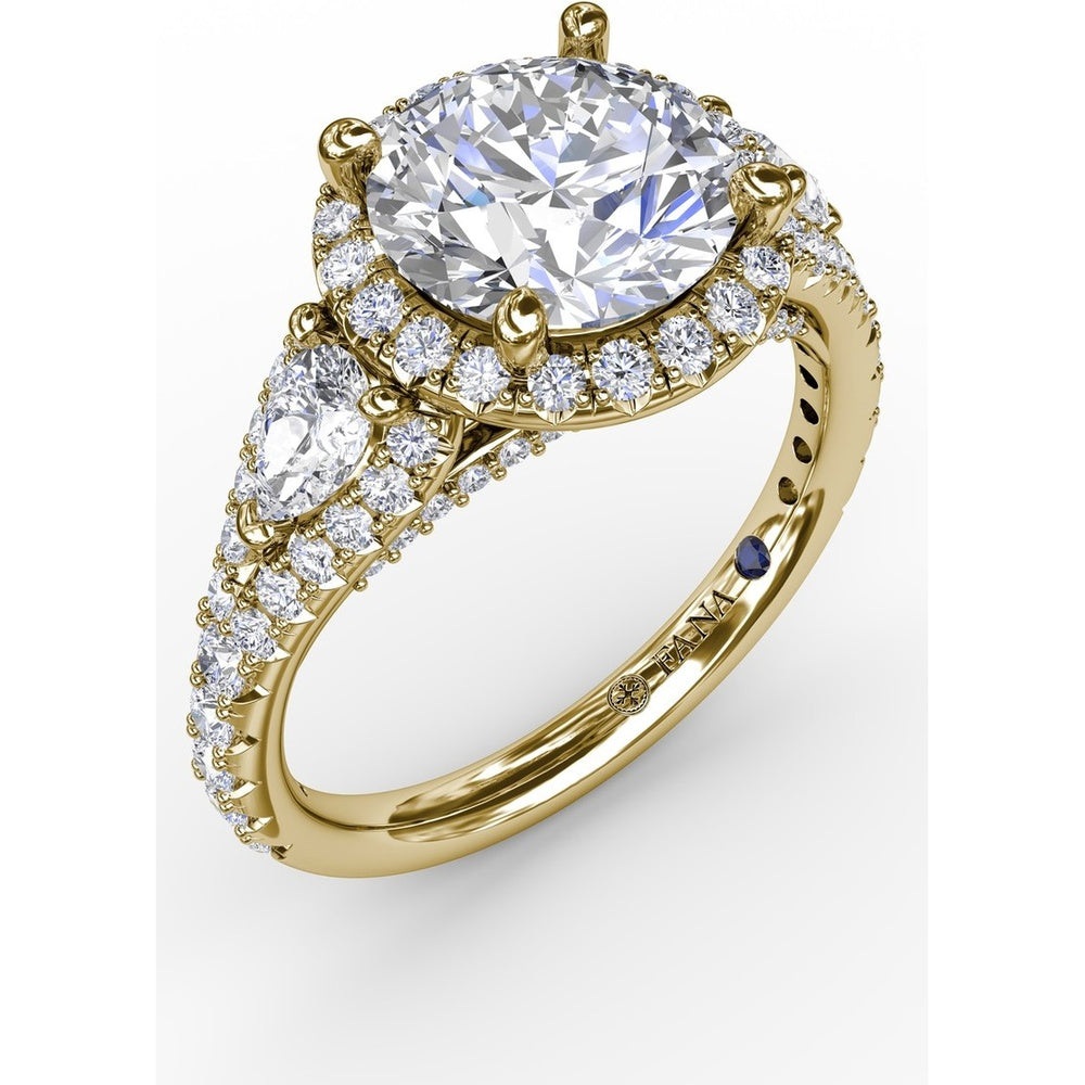 Three-Stone Engagement Ring Setting with Round Diamond Halo and Pear-Shape Side Stones - 1.09 Carat Total Side Diamond Weight by Fana