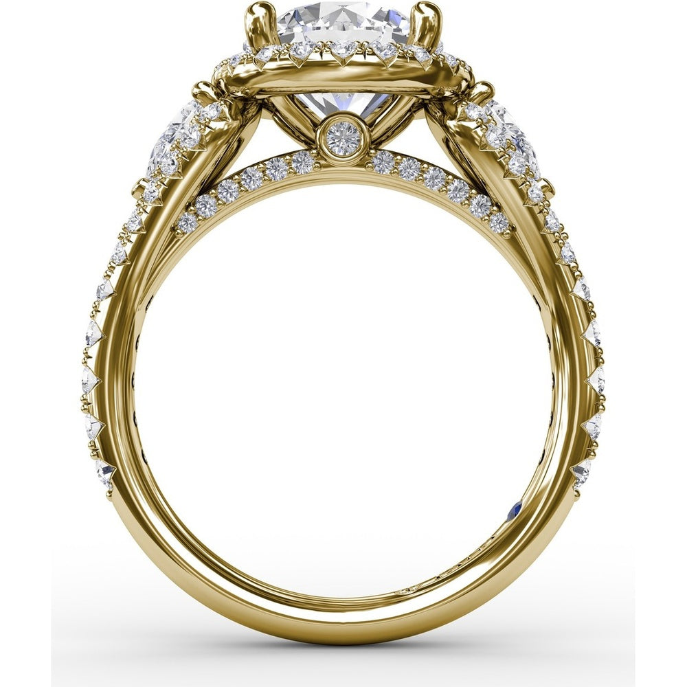 Three-Stone Engagement Ring Setting with Round Diamond Halo and Pear-Shape Side Stones - 1.09 Carat Total Side Diamond Weight by Fana
