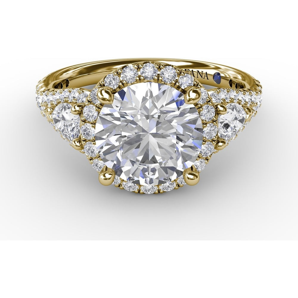 Three-Stone Engagement Ring Setting with Round Diamond Halo and Pear-Shape Side Stones - 1.09 Carat Total Side Diamond Weight by Fana