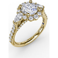Three-Stone Engagement Ring Setting with Round Diamond Halo, Pear Side Stones and Pavé Split Shank by Fana - 0.98 Carat Total Diamond Weight