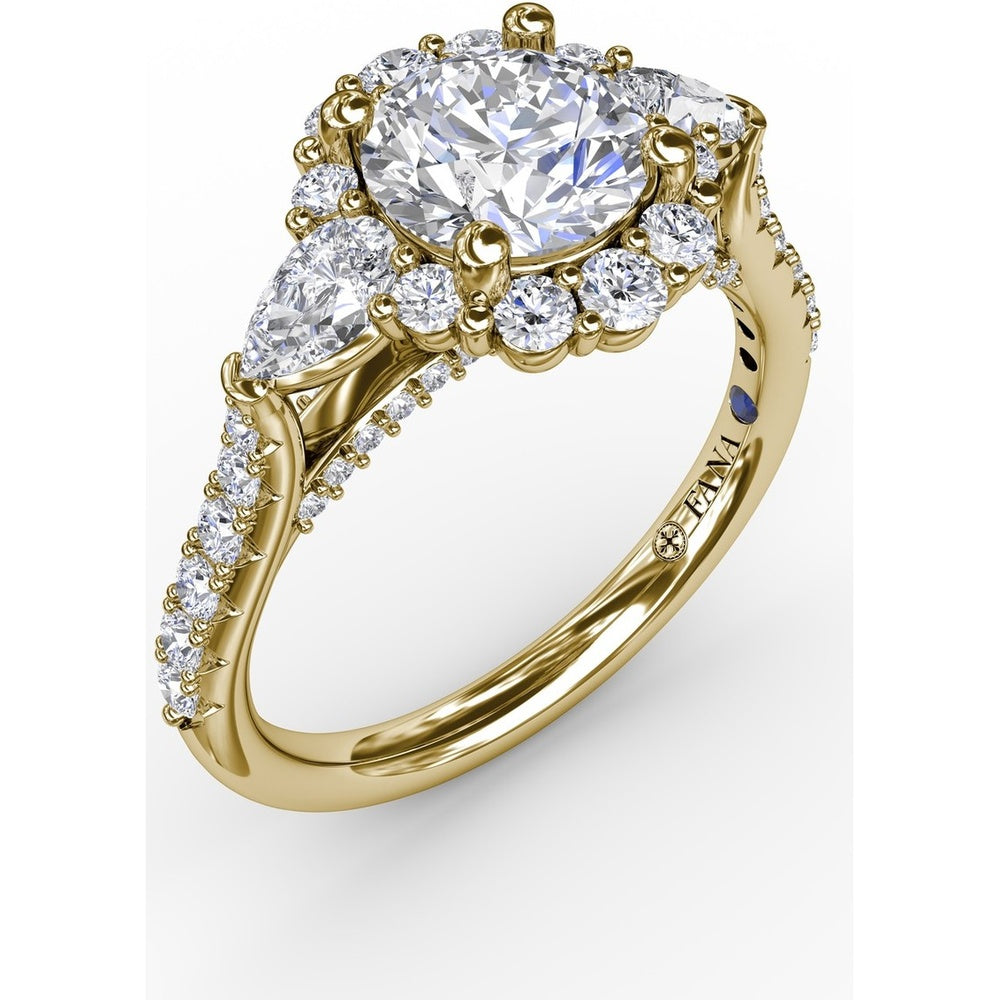 Three-Stone Engagement Ring Setting with Round Diamond Halo, Pear Side Stones and Pavé Split Shank by Fana - 0.98 Carat Total Diamond Weight