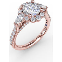 Three-Stone Engagement Ring Setting with Round Diamond Halo, Pear Side Stones and Pavé Split Shank by Fana - 0.98 Carat Total Diamond Weight