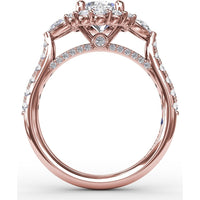 Three-Stone Engagement Ring Setting with Round Diamond Halo, Pear Side Stones and Pavé Split Shank by Fana - 0.98 Carat Total Diamond Weight