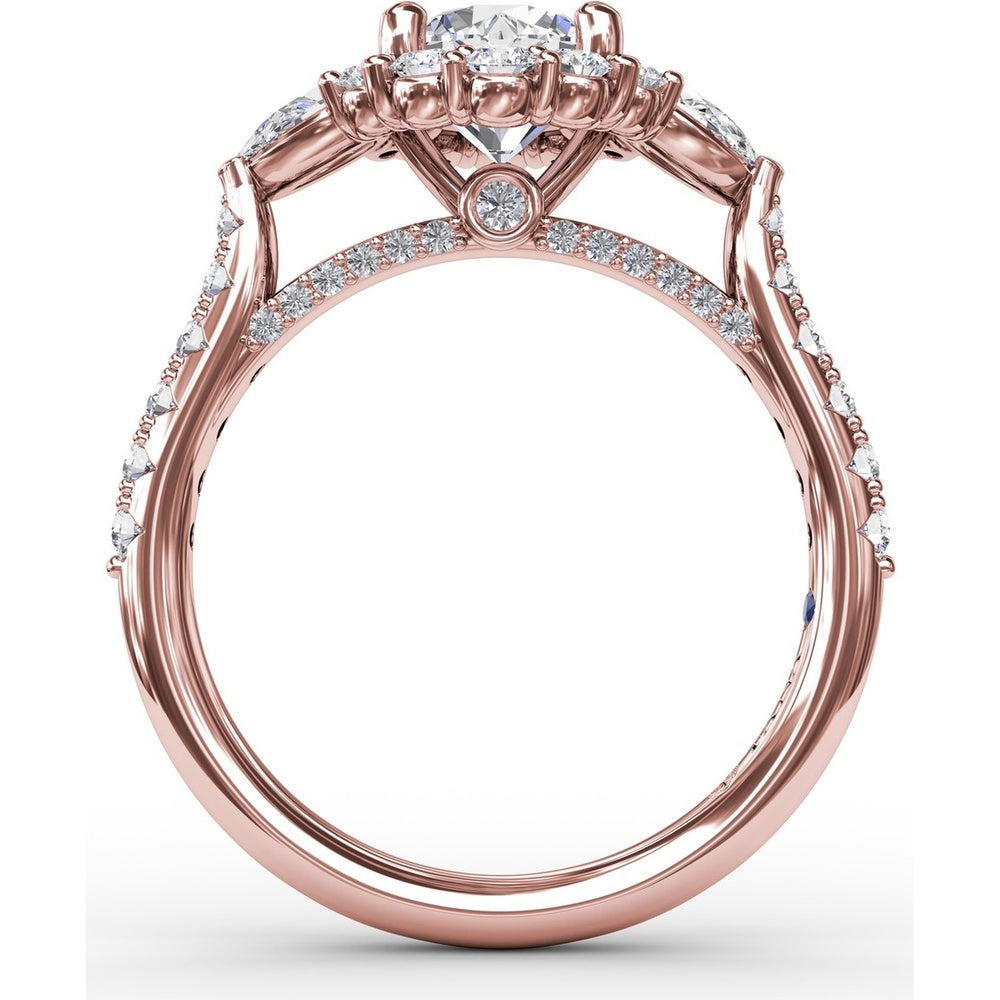 Three-Stone Engagement Ring Setting with Round Diamond Halo, Pear Side Stones and Pavé Split Shank by Fana - 0.98 Carat Total Diamond Weight