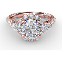 Three-Stone Engagement Ring Setting with Round Diamond Halo, Pear Side Stones and Pavé Split Shank by Fana - 0.98 Carat Total Diamond Weight