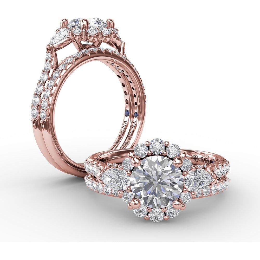 Three-Stone Engagement Ring Setting with Round Diamond Halo, Pear Side Stones and Pavé Split Shank by Fana - 0.98 Carat Total Diamond Weight