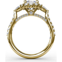 Three-Stone Engagement Ring Setting with Round Diamond Halo, Pear Side Stones and Pavé Split Shank by Fana - 0.98 Carat Total Diamond Weight
