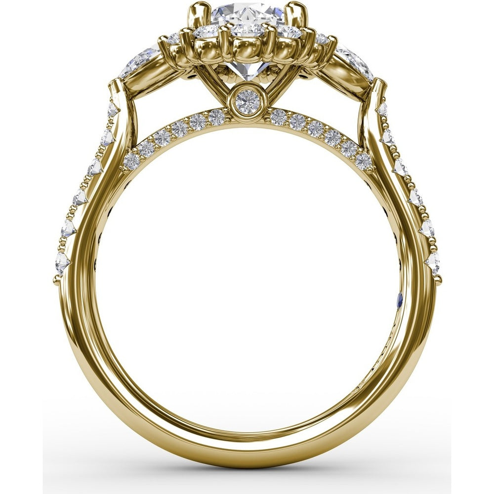 Three-Stone Engagement Ring Setting with Round Diamond Halo, Pear Side Stones and Pavé Split Shank by Fana - 0.98 Carat Total Diamond Weight