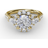 Three-Stone Engagement Ring Setting with Round Diamond Halo, Pear Side Stones and Pavé Split Shank by Fana - 0.98 Carat Total Diamond Weight