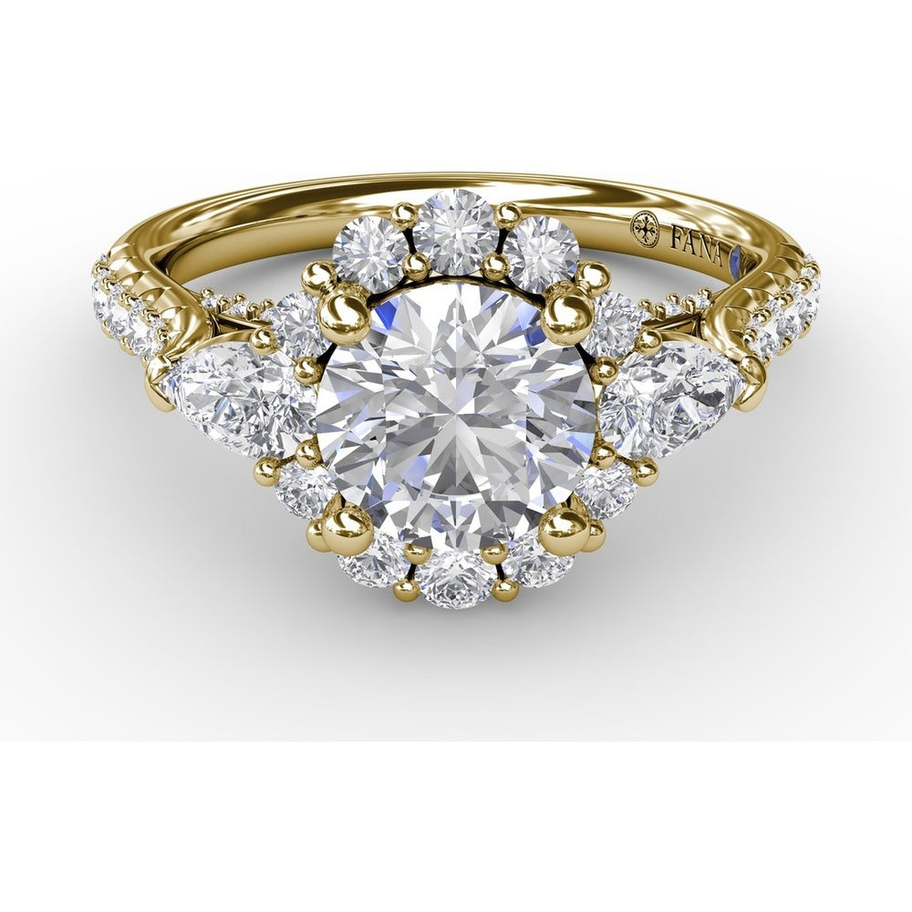 Three-Stone Engagement Ring Setting with Round Diamond Halo, Pear Side Stones and Pavé Split Shank by Fana - 0.98 Carat Total Diamond Weight