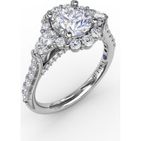 Three-Stone Engagement Ring Setting with Round Diamond Halo, Pear Side Stones and Pavé Split Shank by Fana - 0.98 Carat Total Diamond Weight