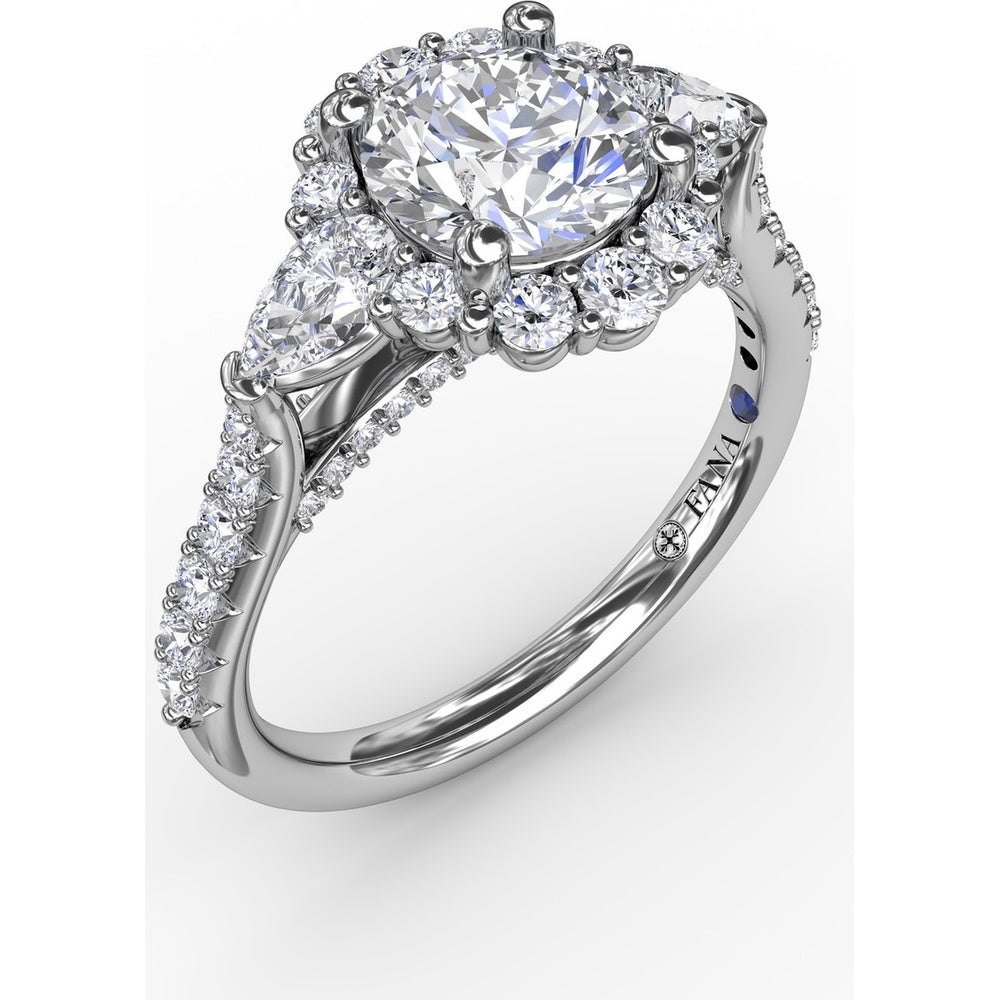 Three-Stone Engagement Ring Setting with Round Diamond Halo, Pear Side Stones and Pavé Split Shank by Fana - 0.98 Carat Total Diamond Weight