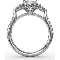 Three-Stone Engagement Ring Setting with Round Diamond Halo, Pear Side Stones and Pavé Split Shank by Fana - 0.98 Carat Total Diamond Weight