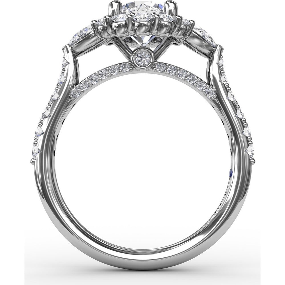 Three-Stone Engagement Ring Setting with Round Diamond Halo, Pear Side Stones and Pavé Split Shank by Fana - 0.98 Carat Total Diamond Weight