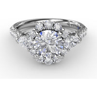 Three-Stone Engagement Ring Setting with Round Diamond Halo, Pear Side Stones and Pavé Split Shank by Fana - 0.98 Carat Total Diamond Weight
