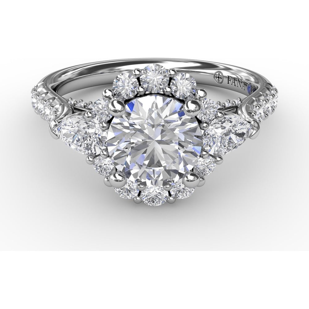 Three-Stone Engagement Ring Setting with Round Diamond Halo, Pear Side Stones and Pavé Split Shank by Fana - 0.98 Carat Total Diamond Weight