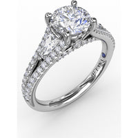 Three-Stone Engagement Ring Setting with Split Pavé Diamond Shank and Tapered Baguette Side Stones - 0.72 Carat Total Side Stone Weight by Fana