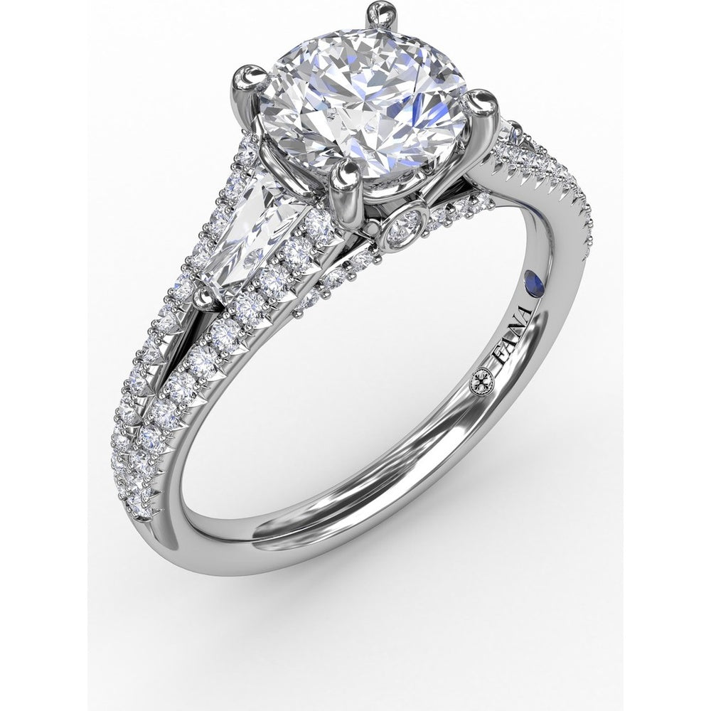 Three-Stone Engagement Ring Setting with Split Pavé Diamond Shank and Tapered Baguette Side Stones - 0.72 Carat Total Side Stone Weight by Fana