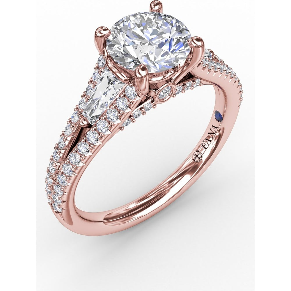 Three-Stone Engagement Ring Setting with Split Pavé Diamond Shank and Tapered Baguette Side Stones - 0.72 Carat Total Side Stone Weight by Fana