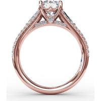 Three-Stone Engagement Ring Setting with Split Pavé Diamond Shank and Tapered Baguette Side Stones - 0.72 Carat Total Side Stone Weight by Fana