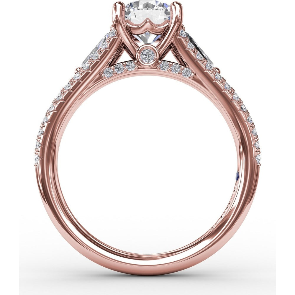 Three-Stone Engagement Ring Setting with Split Pavé Diamond Shank and Tapered Baguette Side Stones - 0.72 Carat Total Side Stone Weight by Fana