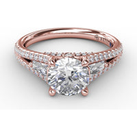 Three-Stone Engagement Ring Setting with Split Pavé Diamond Shank and Tapered Baguette Side Stones - 0.72 Carat Total Side Stone Weight by Fana