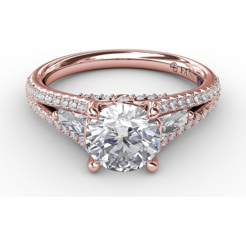 Three-Stone Engagement Ring Setting with Split Pavé Diamond Shank and Tapered Baguette Side Stones - 0.72 Carat Total Side Stone Weight by Fana