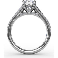 Three-Stone Engagement Ring Setting with Split Pavé Diamond Shank and Tapered Baguette Side Stones - 0.72 Carat Total Side Stone Weight by Fana