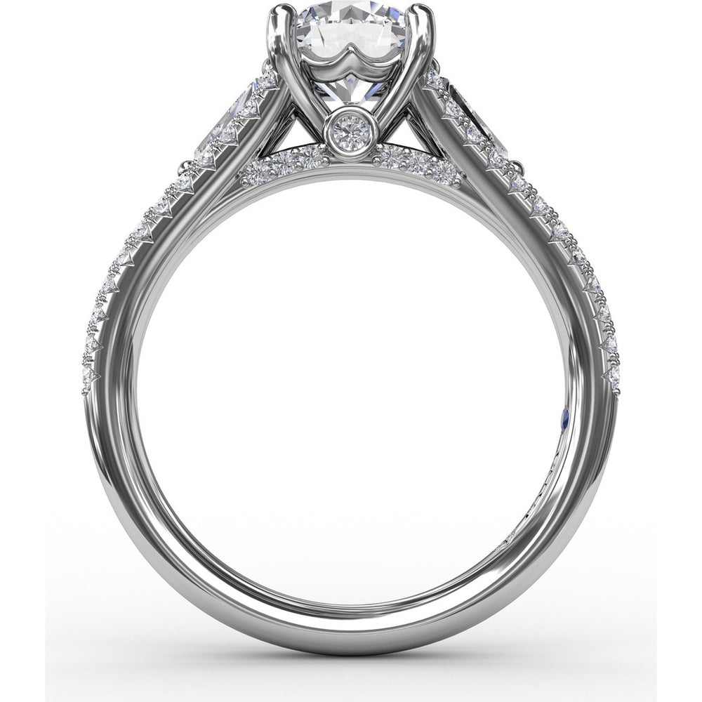 Three-Stone Engagement Ring Setting with Split Pavé Diamond Shank and Tapered Baguette Side Stones - 0.72 Carat Total Side Stone Weight by Fana