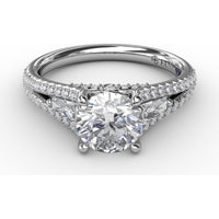 Three-Stone Engagement Ring Setting with Split Pavé Diamond Shank and Tapered Baguette Side Stones - 0.72 Carat Total Side Stone Weight by Fana