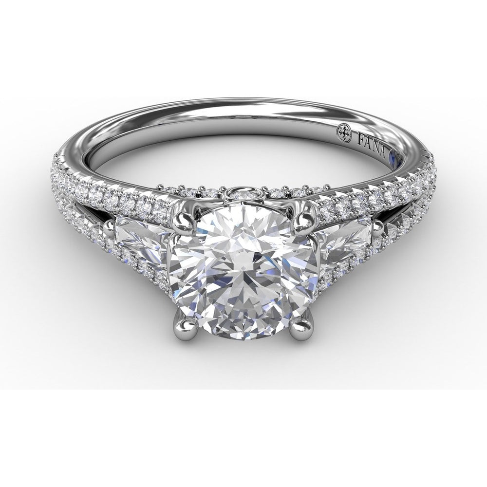 Three-Stone Engagement Ring Setting with Split Pavé Diamond Shank and Tapered Baguette Side Stones - 0.72 Carat Total Side Stone Weight by Fana