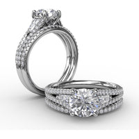 Three-Stone Engagement Ring Setting with Split Pavé Diamond Shank and Tapered Baguette Side Stones - 0.72 Carat Total Side Stone Weight by Fana