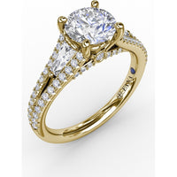 Three-Stone Engagement Ring Setting with Split Pavé Diamond Shank and Tapered Baguette Side Stones - 0.72 Carat Total Side Stone Weight by Fana