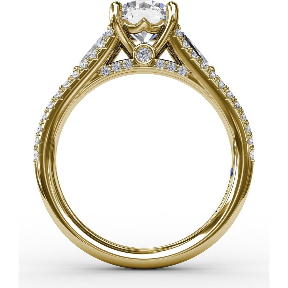 Three-Stone Engagement Ring Setting with Split Pavé Diamond Shank and Tapered Baguette Side Stones - 0.72 Carat Total Side Stone Weight by Fana