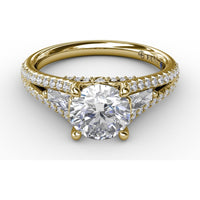 Three-Stone Engagement Ring Setting with Split Pavé Diamond Shank and Tapered Baguette Side Stones - 0.72 Carat Total Side Stone Weight by Fana