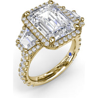 Three Stone Engagement Ring Setting with Trapezoid Diamonds and Halo Pavé Shank by Fana - 1.83 Carat Total Diamond Weight