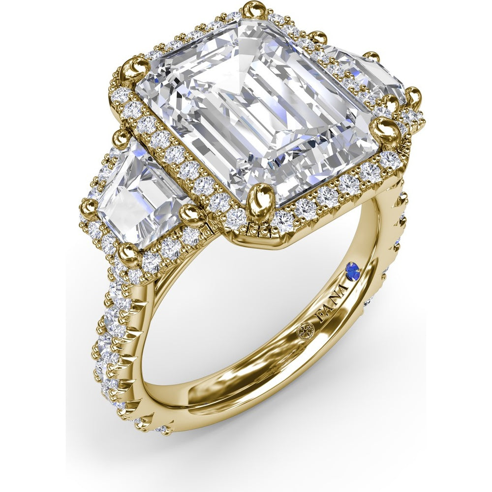 Three Stone Engagement Ring Setting with Trapezoid Diamonds and Halo Pavé Shank by Fana - 1.83 Carat Total Diamond Weight