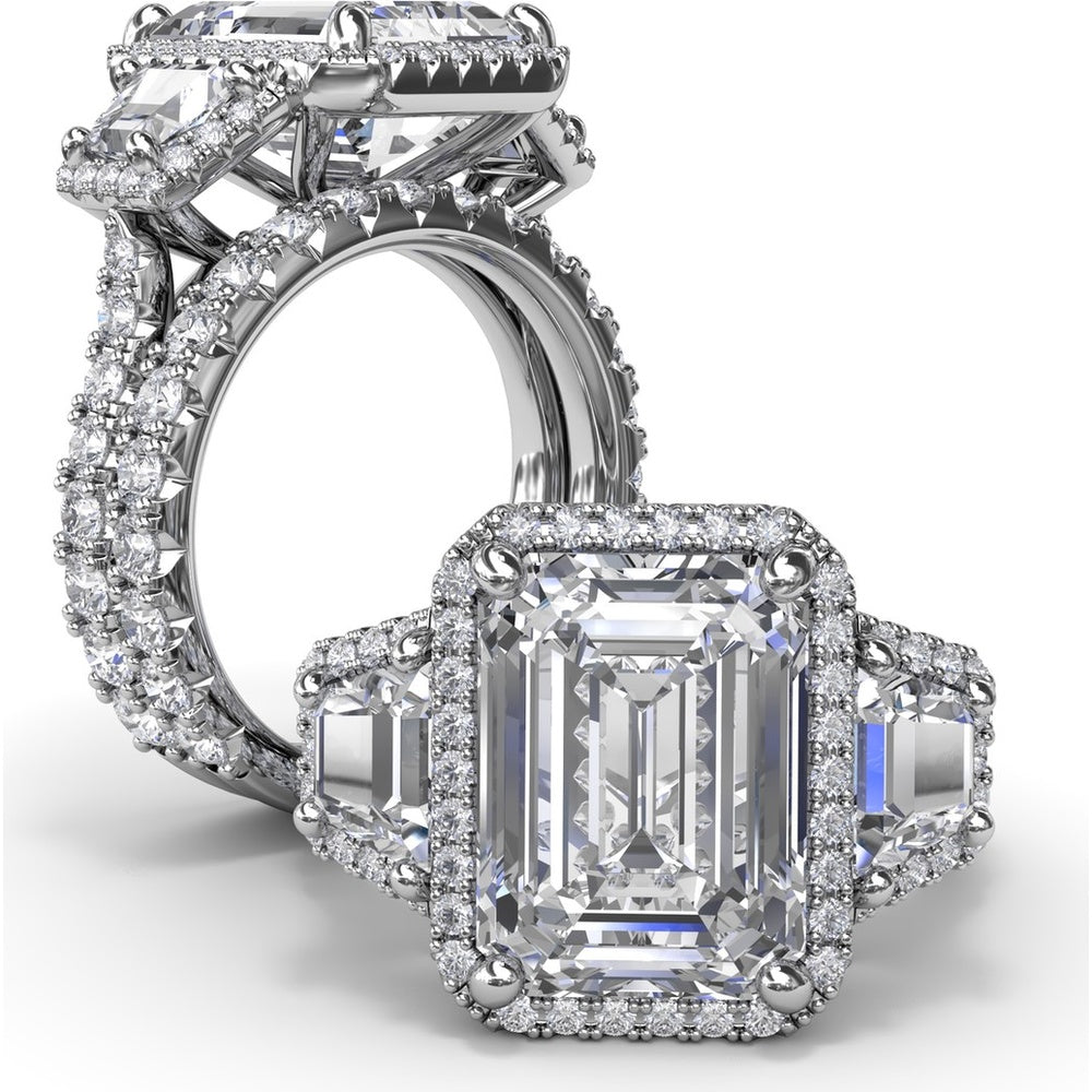 Three Stone Engagement Ring Setting with Trapezoid Diamonds and Halo Pavé Shank by Fana - 1.83 Carat Total Diamond Weight