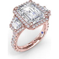 Three Stone Engagement Ring Setting with Trapezoid Diamonds and Halo Pavé Shank by Fana - 1.83 Carat Total Diamond Weight