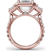 Three Stone Engagement Ring Setting with Trapezoid Diamonds and Halo Pavé Shank by Fana - 1.83 Carat Total Diamond Weight