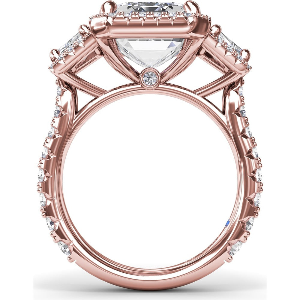 Three Stone Engagement Ring Setting with Trapezoid Diamonds and Halo Pavé Shank by Fana - 1.83 Carat Total Diamond Weight